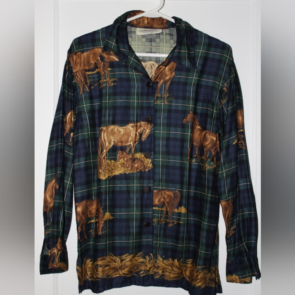 Vintage Susan Bristol Button Up Shirt Horse Equestrian Check Navy Women's 4